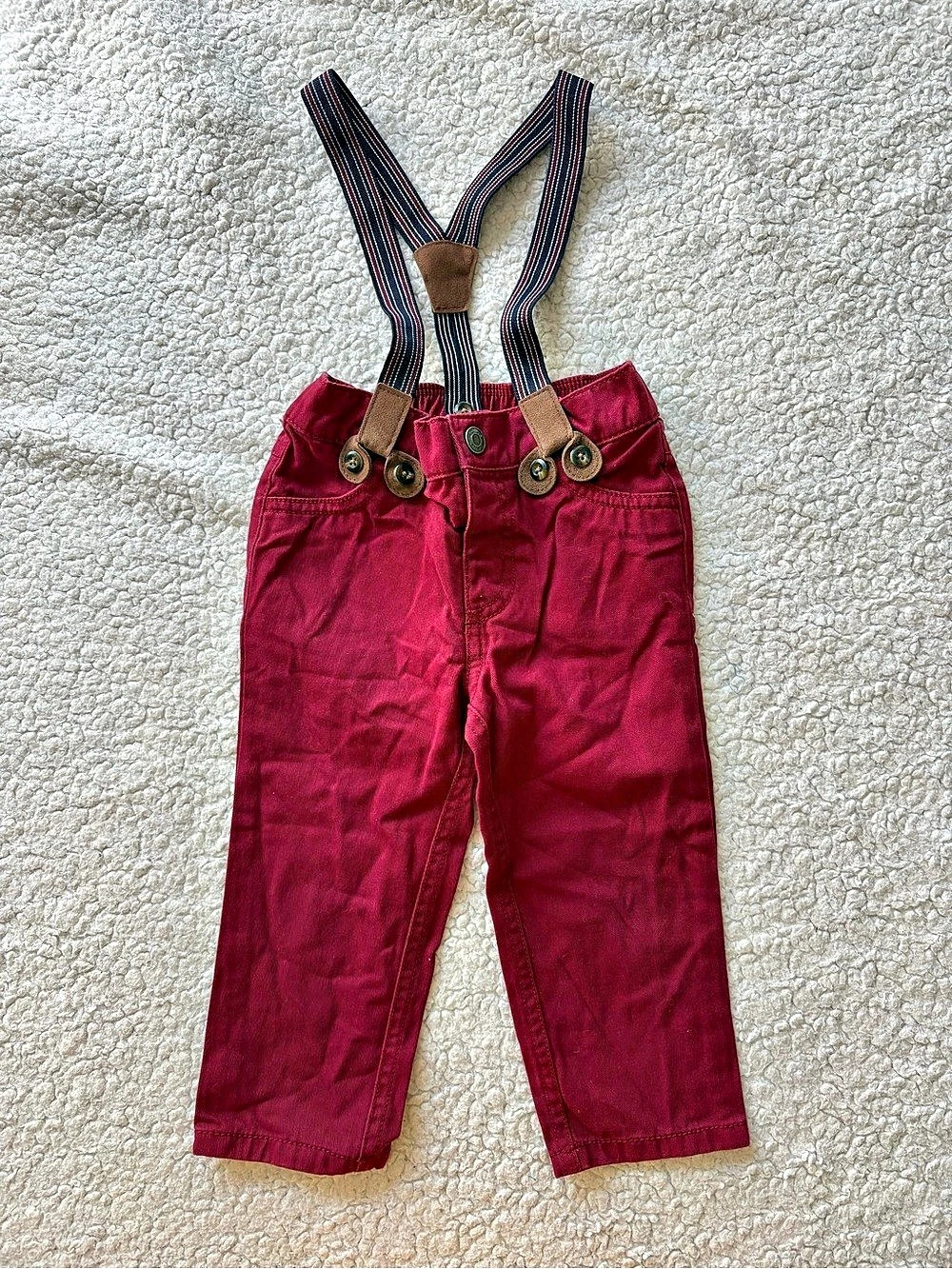 Carter's maroon trousers with attachable striped suspenders
